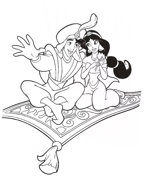 Aladdin und Jasmin auf dem fliegenden Teppich Ausmalbild