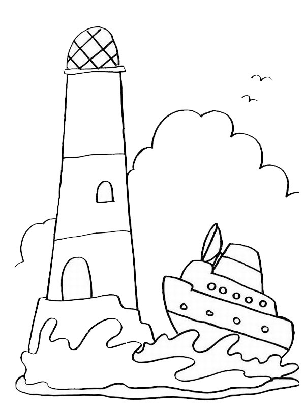 Boot beim Leuchturm Ausmalbild