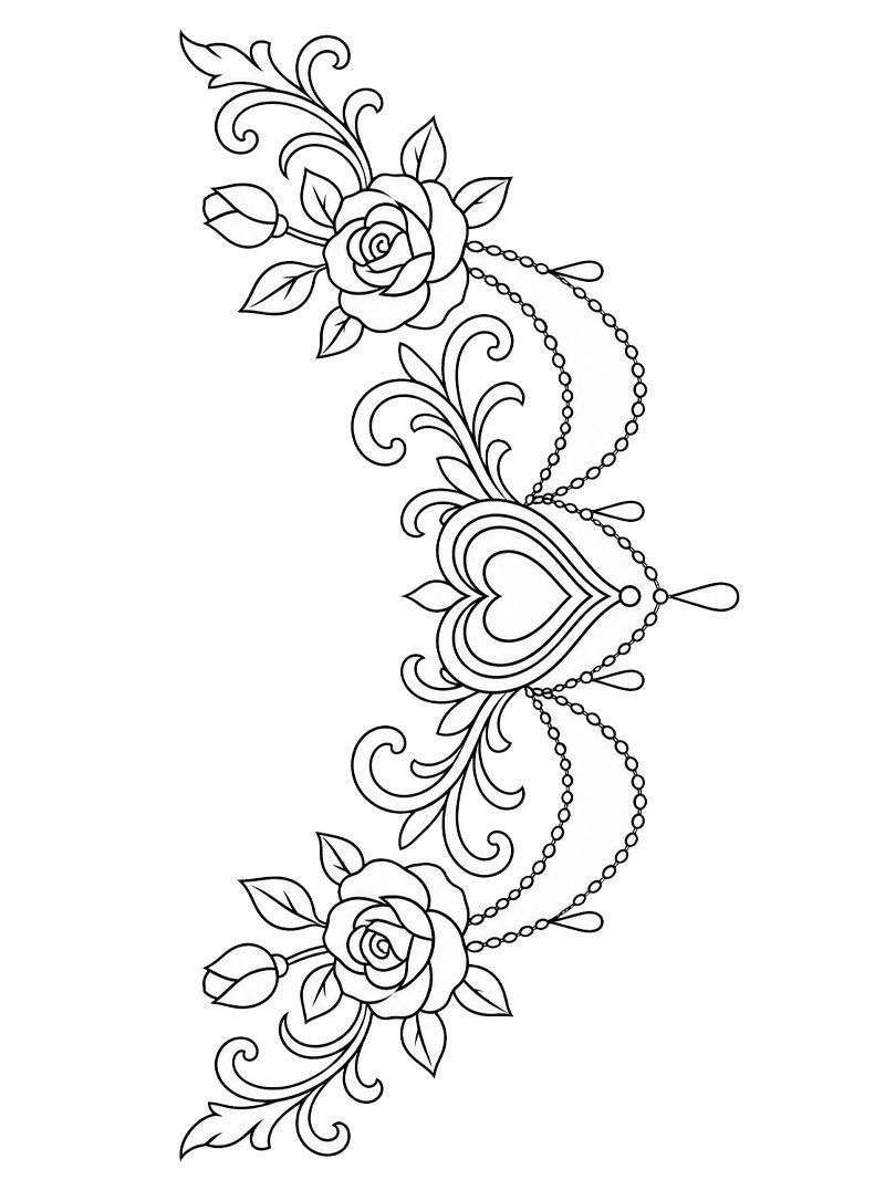Brust-Tattoo Herz und Rosen Ausmalbild Brust-Tattoo Herz und Rosen Ausmalbild
