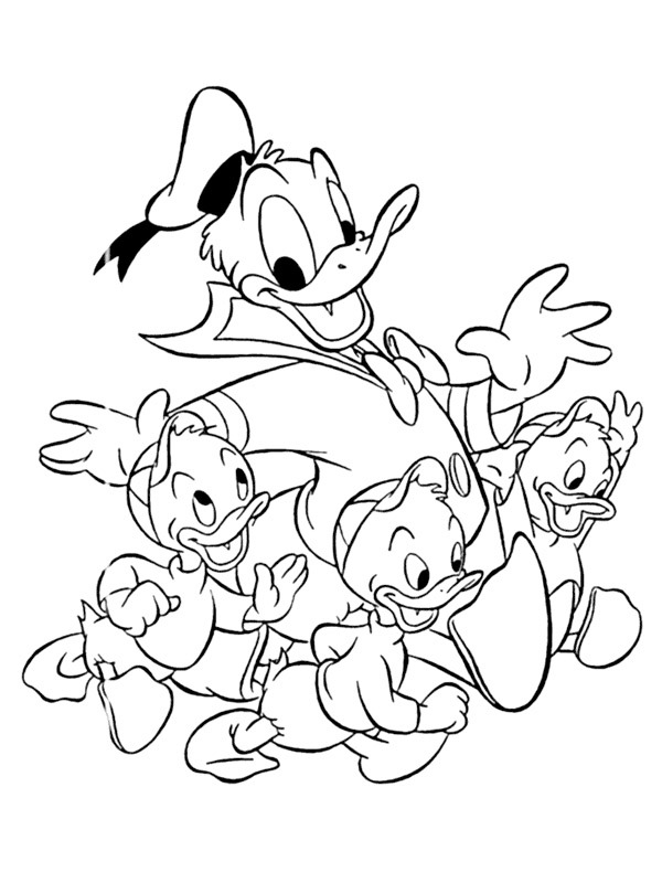 Donald Duck mit Tick Trick und Track Ausmalbild