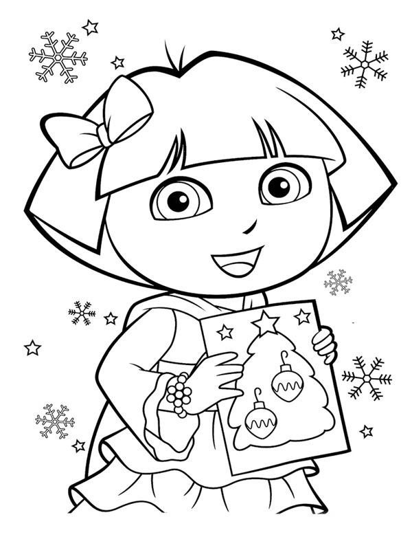 Dora mit Weihnachtskarte Ausmalbild