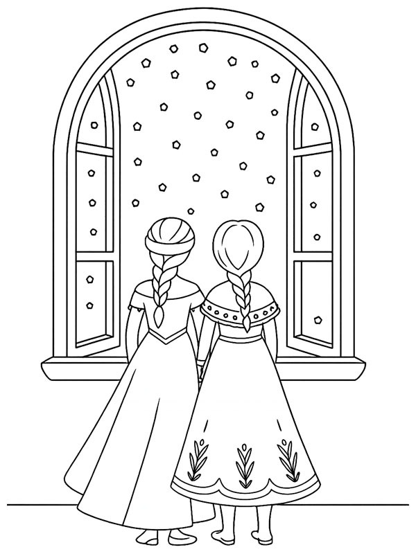 Elsa und Anna beobachten den Schneefall Ausmalbild Elsa und Anna beobachten den Schneefall Ausmalbild