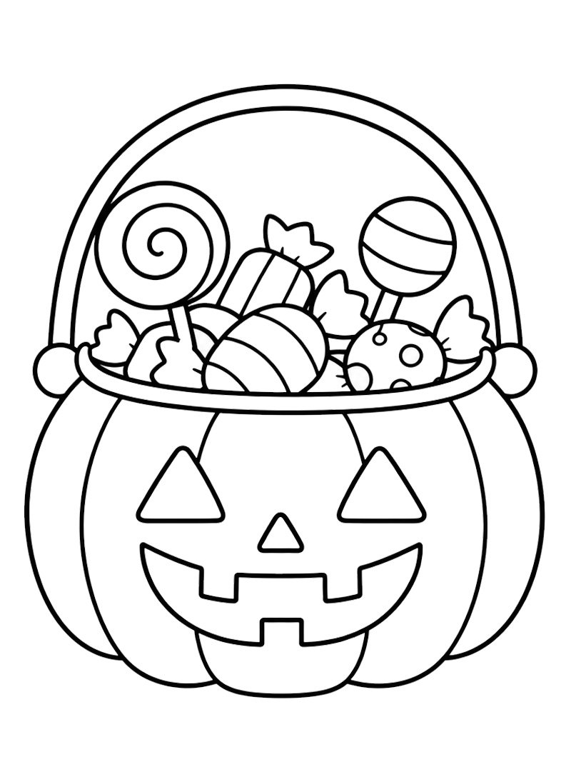 Halloween-Kürbiseimer mit Süßigkeiten Ausmalbild Halloween-Kürbiseimer mit Süßigkeiten Ausmalbild