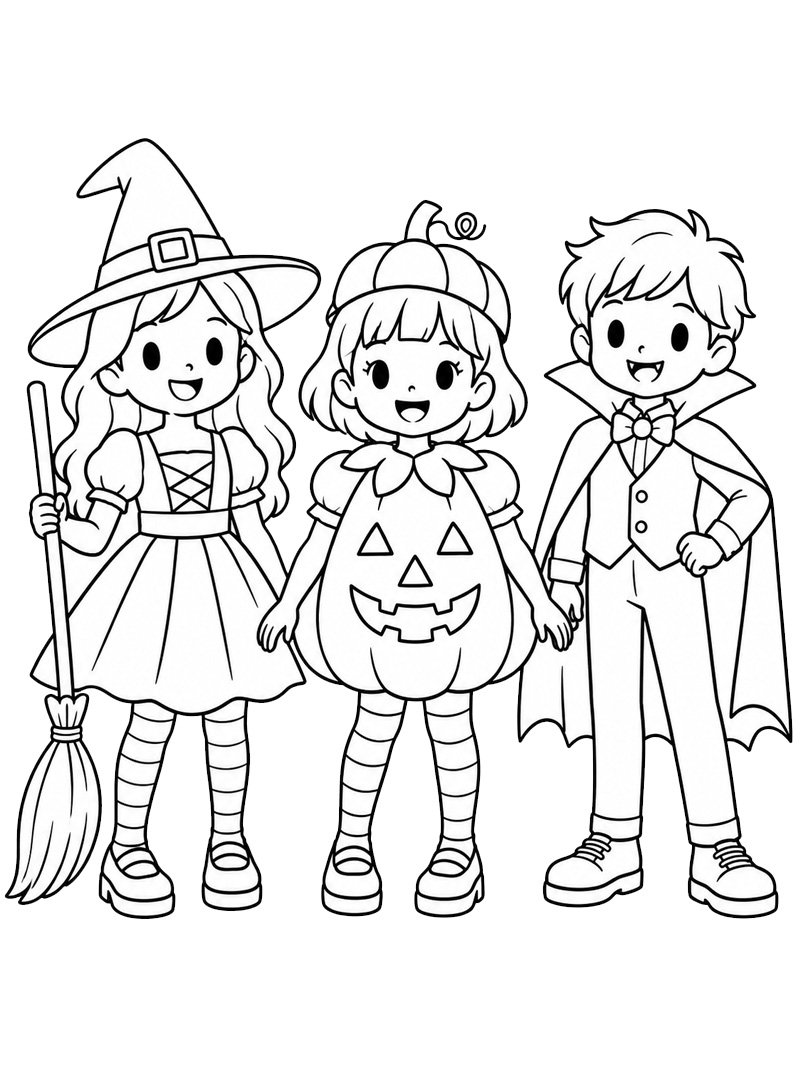 Kinder mit Halloween-Kostümen Ausmalbild Kinder mit Halloween-Kostümen Ausmalbild