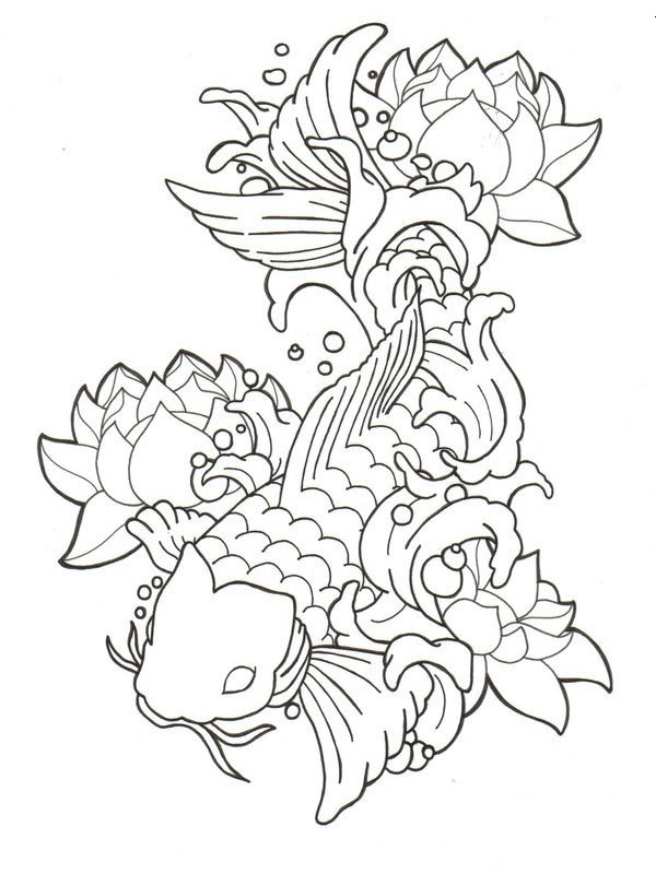 Lotus und Koi Fisch Tattoo Ausmalbild