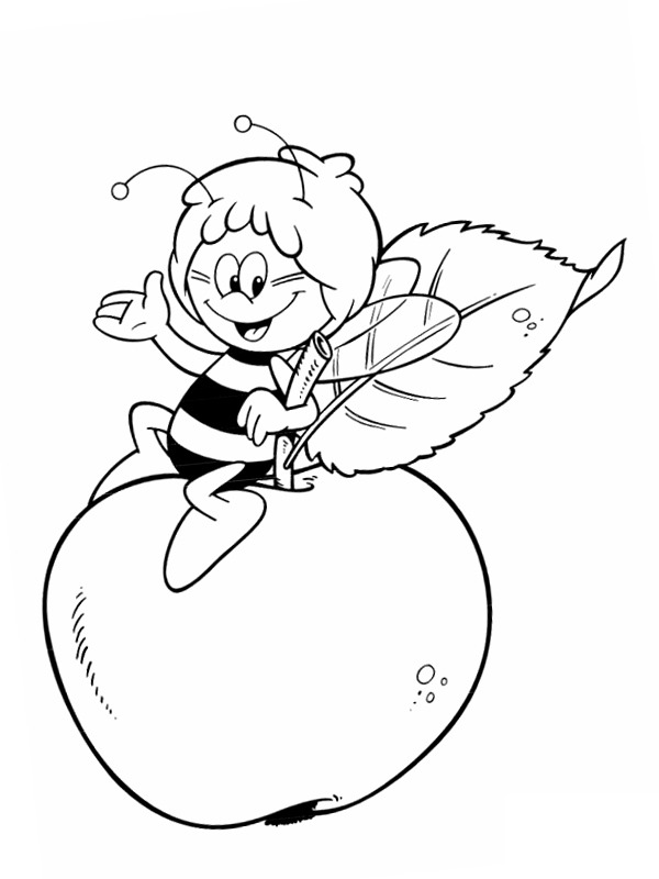 Die Biene Maja sitzt auf einem Apfel Ausmalbild