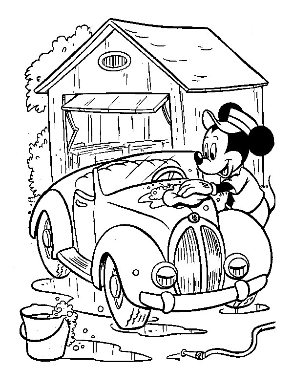 Micky Mouse putzt Auto Ausmalbild