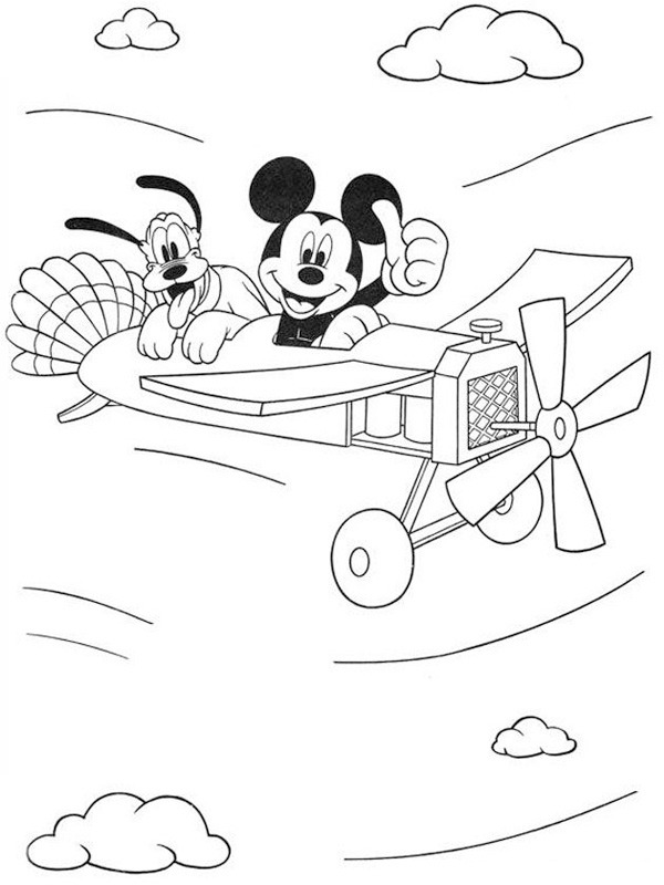 Micky Maus und Pluto im Flugzeug Ausmalbild