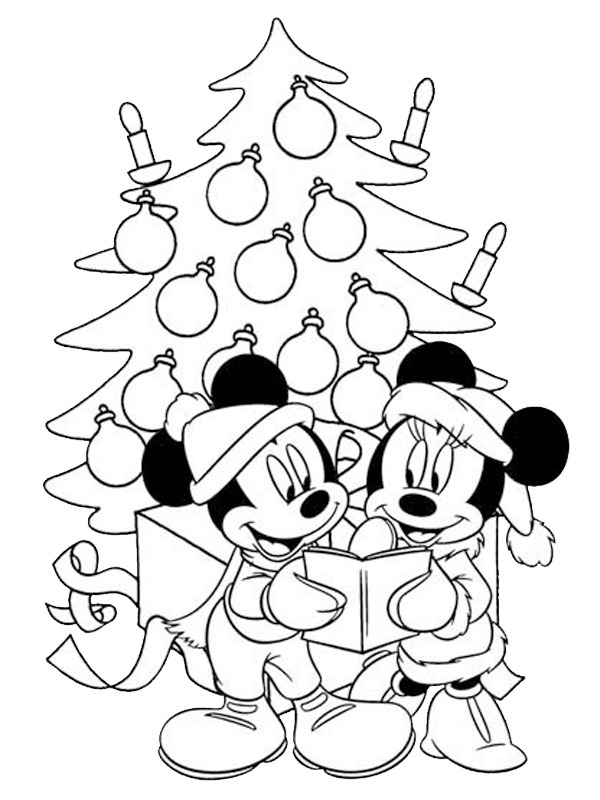 Minnie und Micky vor dem Weihnachtsbaum Ausmalbild