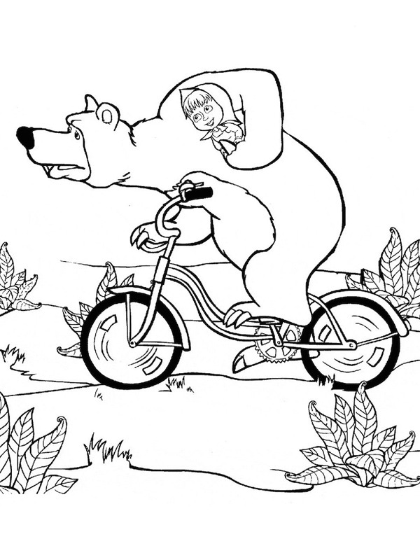 Der Bär und Mascha auf dem Fahrrad Ausmalbild