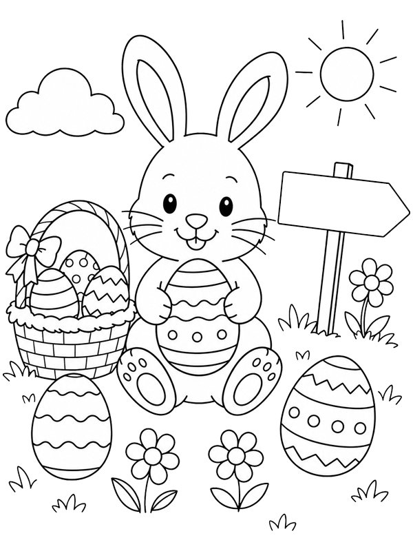 Niedlicher Osterhase mit Eiern und Blumen Ausmalbild