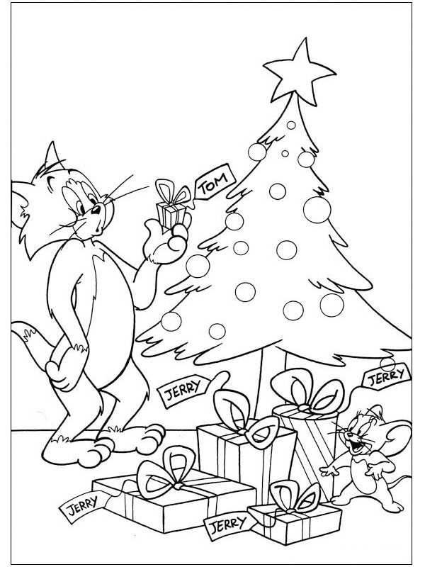 Tom und Jerry vor dem Weihnachtsbaum Ausmalbild